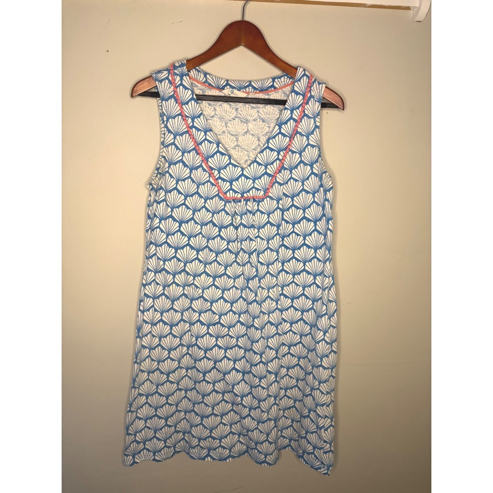 Boden Shell Print Shift Dress Coastal Nautical Jersey Sleeveless Blue 10R